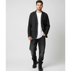 Mens XL‎ Buckle Pop Icon Black Pinstripe Button Down Blazer Jacket Military Y2K